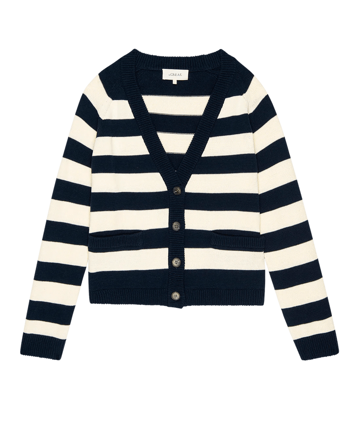 THE GREAT - Navy Range Stripe Varsity Cardigan - Kalifornia Jean Bar