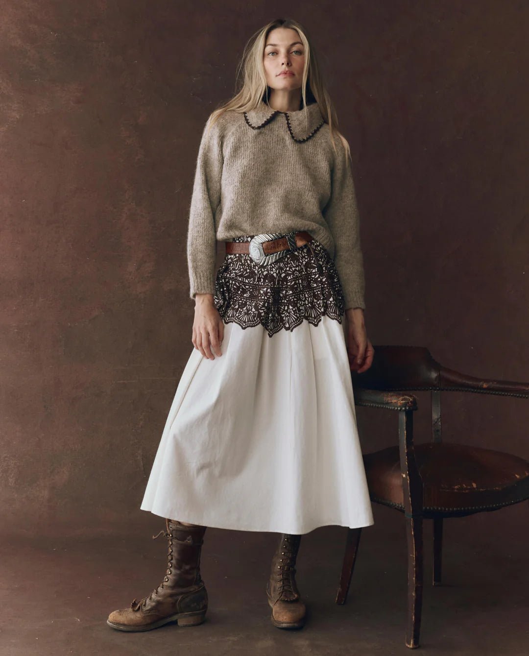 The Great - Oat Brown Crochet Collar Pullover - Kalifornia Jean Bar