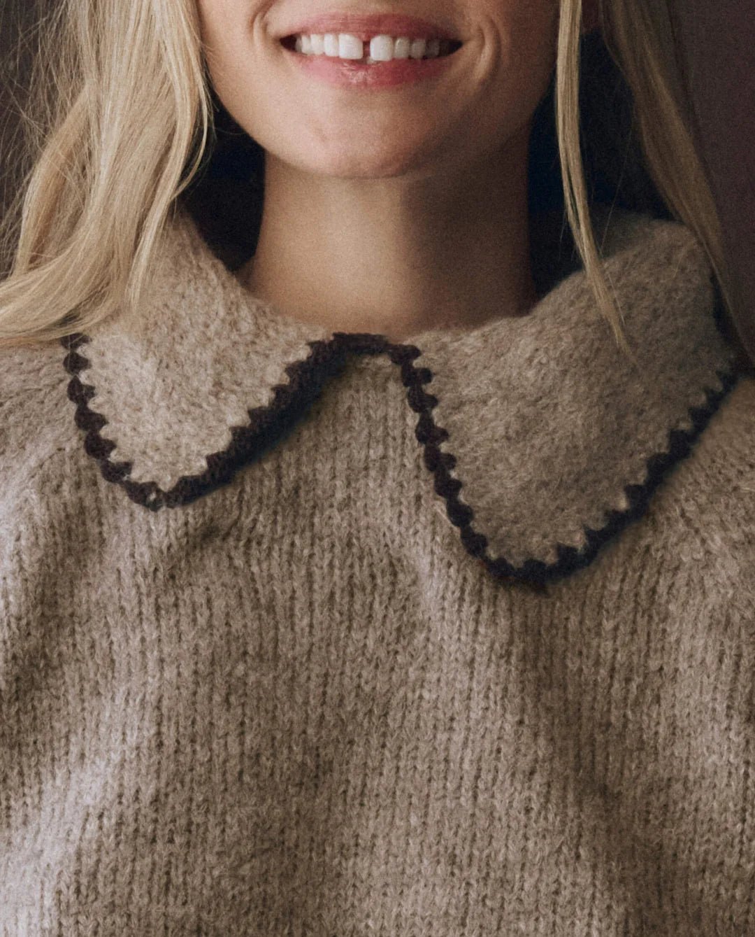 The Great - Oat Brown Crochet Collar Pullover - Kalifornia Jean Bar
