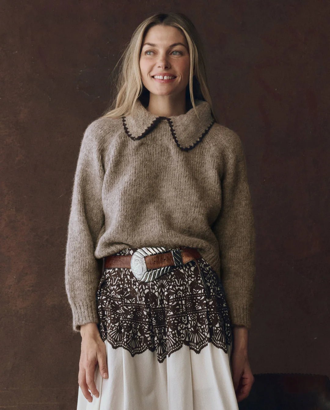 The Great - Oat Brown Crochet Collar Pullover - Kalifornia Jean Bar
