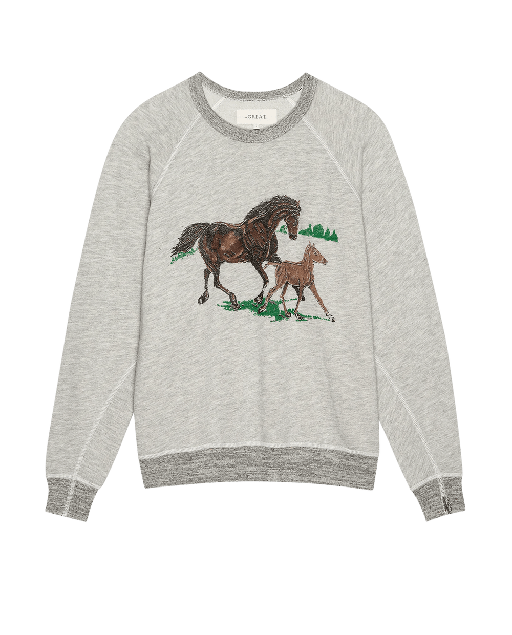 The Great - Running Horses College Sweatshirt in Soft Heather Grey - Kalifornia Jean Bar
