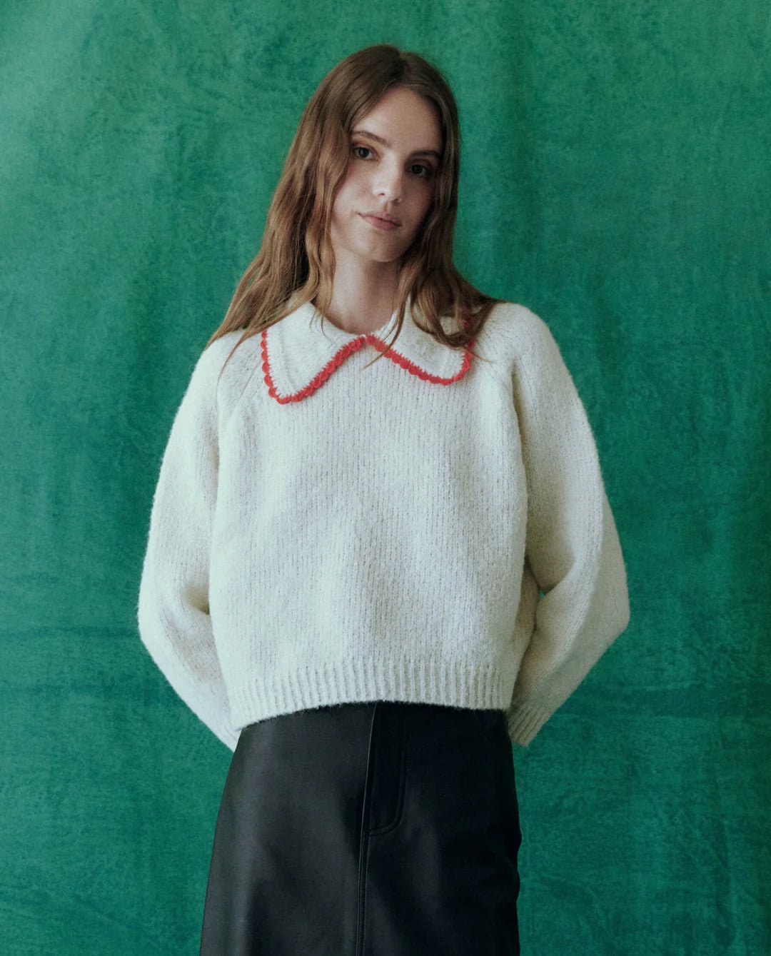 The Great - Soft White/Cherry Crochet Collar Pullover - Kalifornia Jean Bar The Great - Soft White/Cherry Crochet Collar Pullover