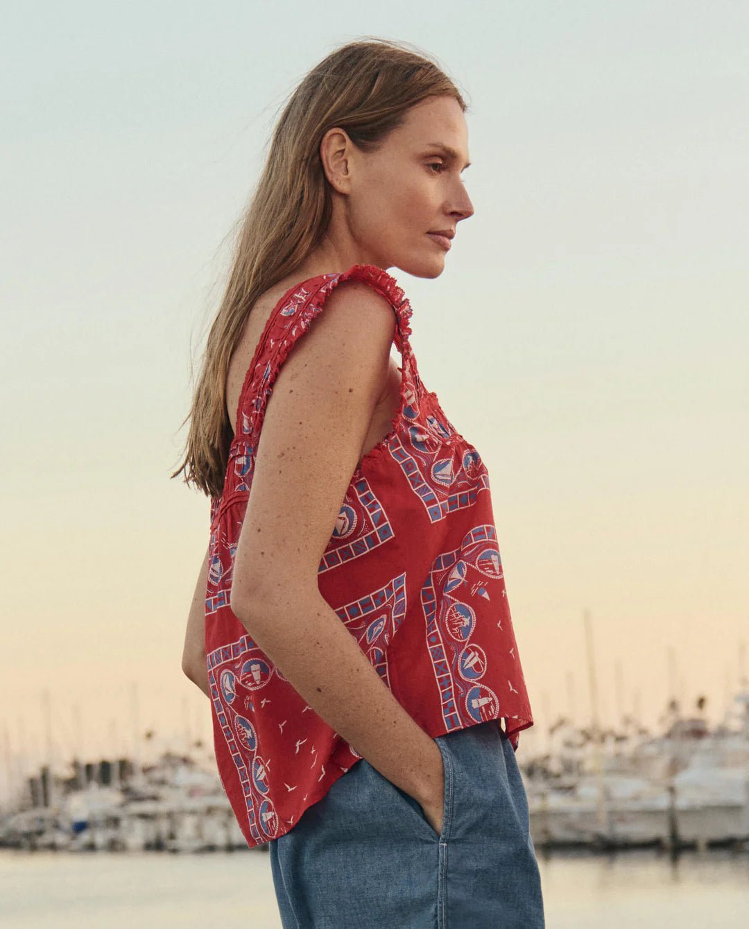 The Great - Victorian Pleat Tank Red Sailboat Bandana - Kalifornia Jean Bar
