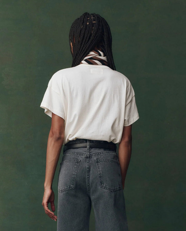 The Great - Washed White Boxy Crew w/ Horse Embroidery - Kalifornia Jean Bar