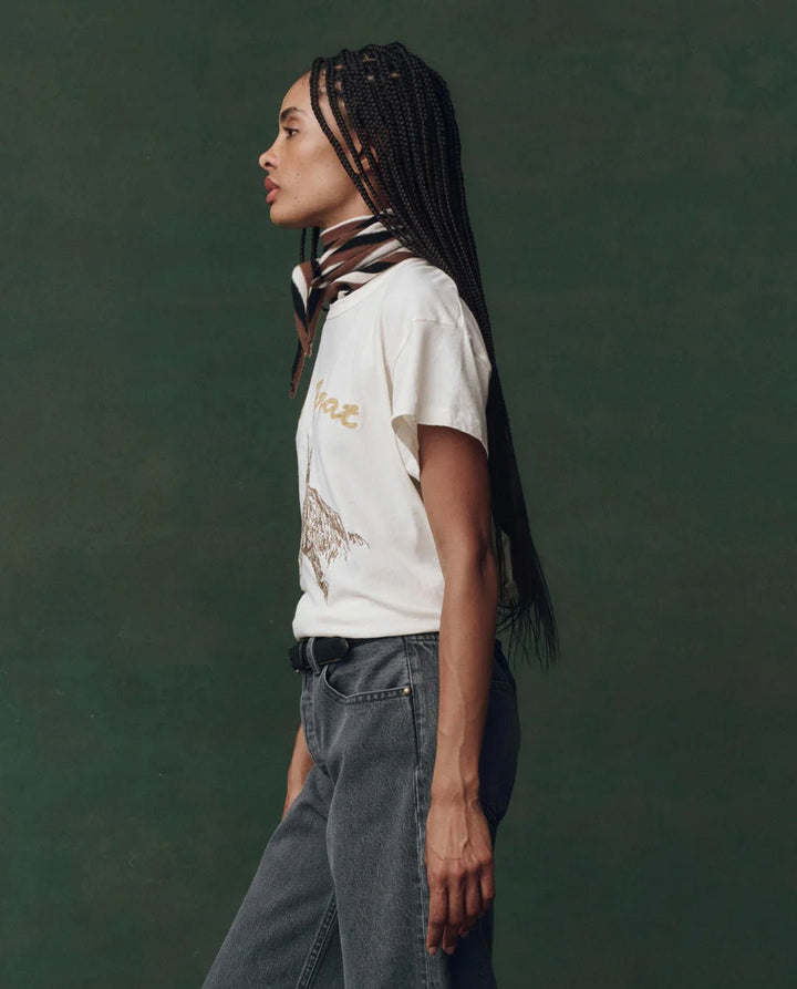 The Great - Washed White Boxy Crew w/ Horse Embroidery - Kalifornia Jean Bar