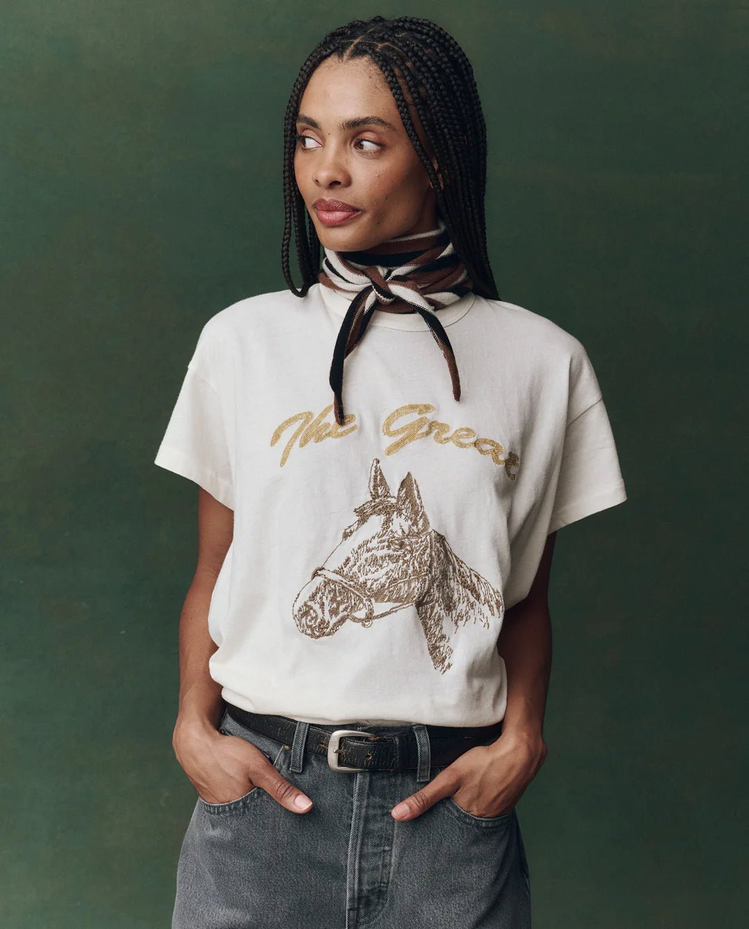 The Great - Washed White Boxy Crew w/ Horse Embroidery - Kalifornia Jean Bar