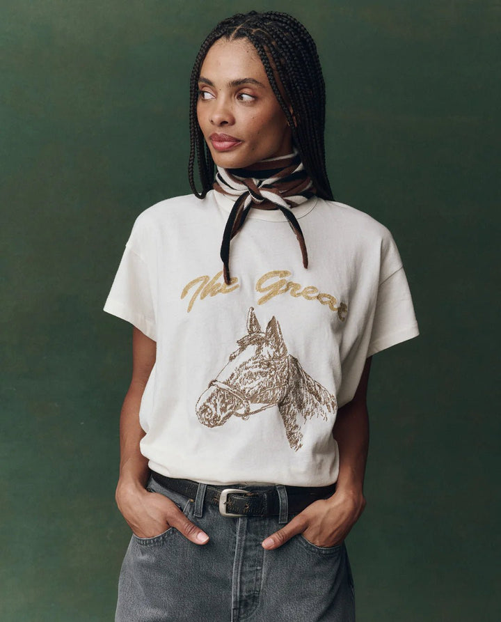 The Great - Washed White Boxy Crew w/ Horse Embroidery - Kalifornia Jean Bar