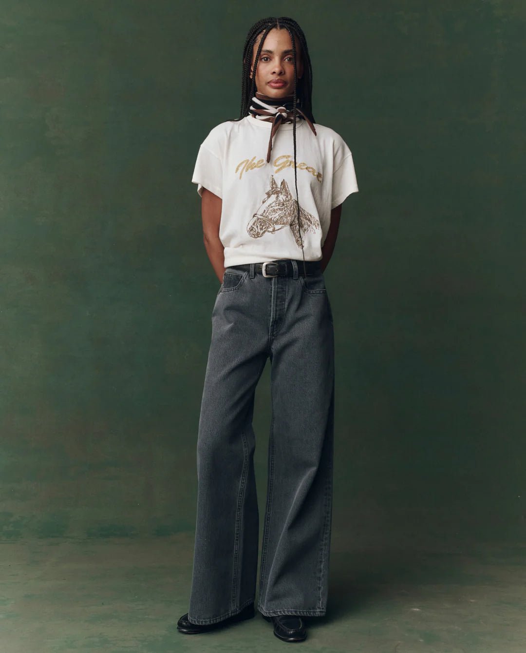 The Great - Washed White Boxy Crew w/ Horse Embroidery - Kalifornia Jean Bar