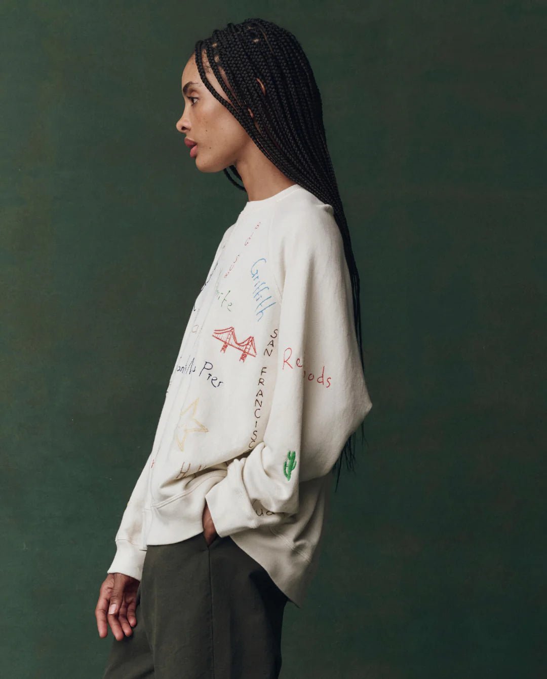 The Great - Washed White Slouch Sweatshirt Golden State Embroidery - Kalifornia Jean Bar