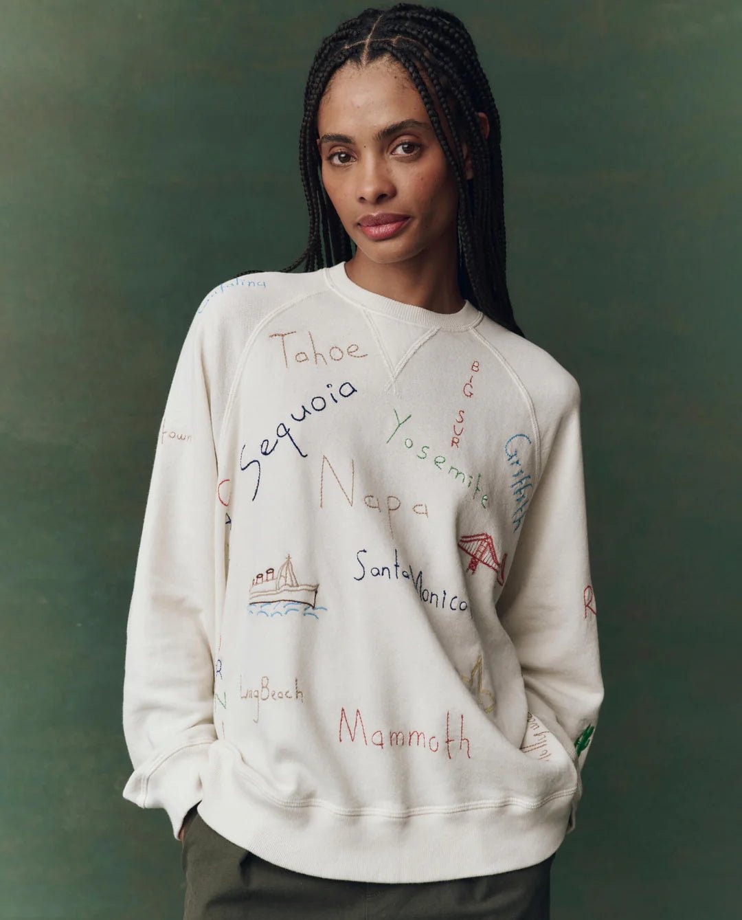 The Great - Washed White Slouch Sweatshirt Golden State Embroidery - Kalifornia Jean Bar
