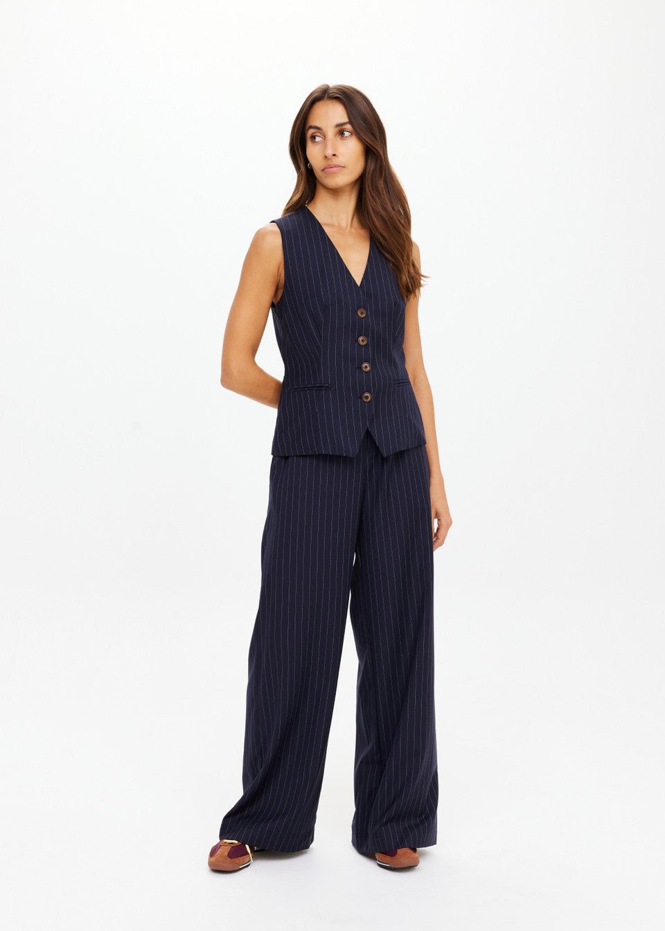 The Upside - Pinstripe Wool Mira Wide leg Pant - Kalifornia Jean Bar