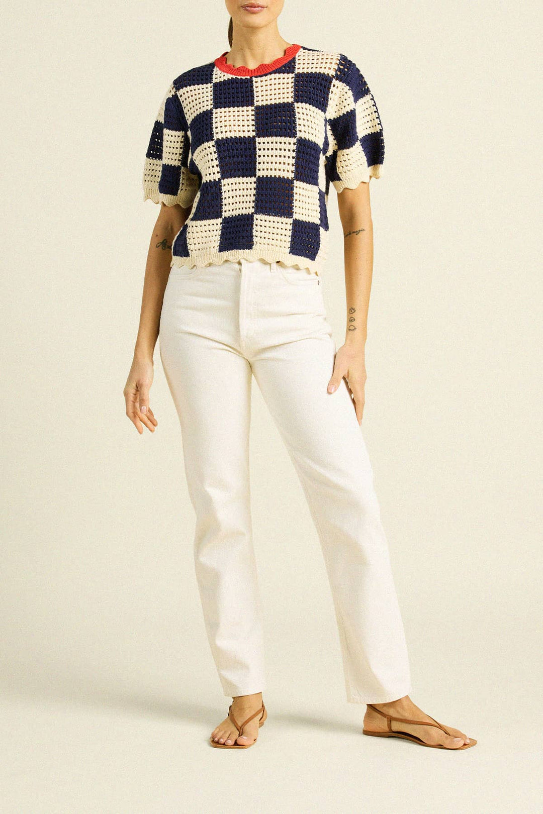 Trovata - Jules Sweater T-Shirt Navy Antique White Check - Kalifornia Jean Bar