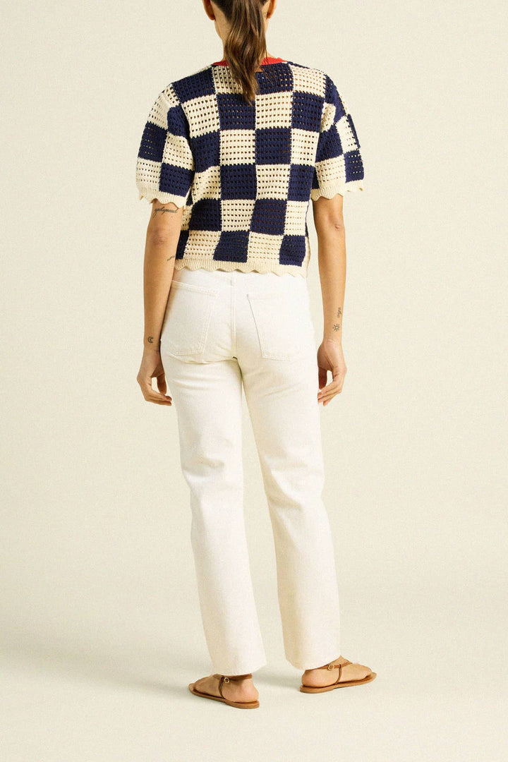 Trovata - Jules Sweater T-Shirt Navy Antique White Check - Kalifornia Jean Bar