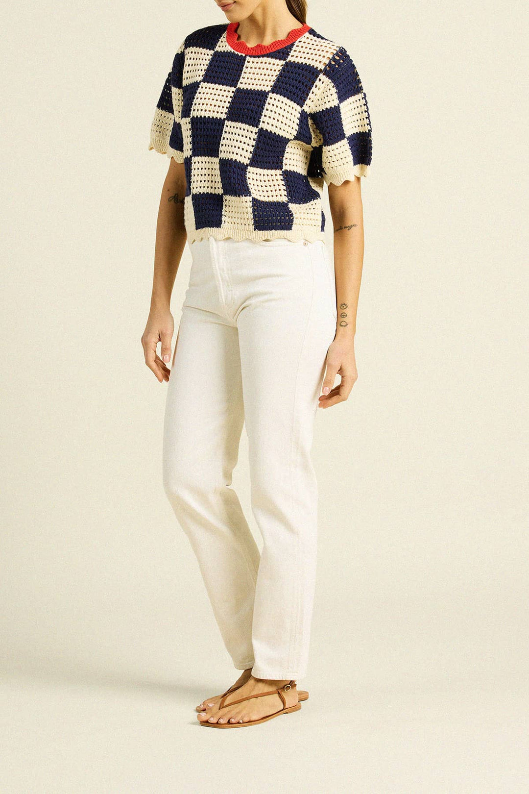 Trovata - Jules Sweater T-Shirt Navy Antique White Check - Kalifornia Jean Bar