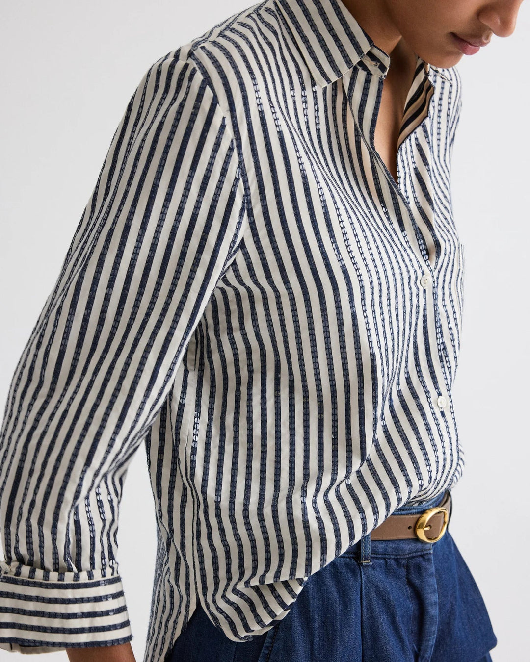 TWP - Indigo/White Next Morning Shirt w/ Clear Sequin Stripe - Kalifornia Jean Bar