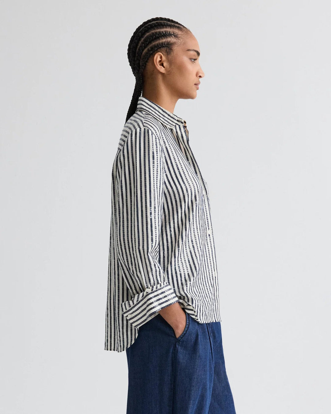 TWP - Indigo/White Next Morning Shirt w/ Clear Sequin Stripe - Kalifornia Jean Bar