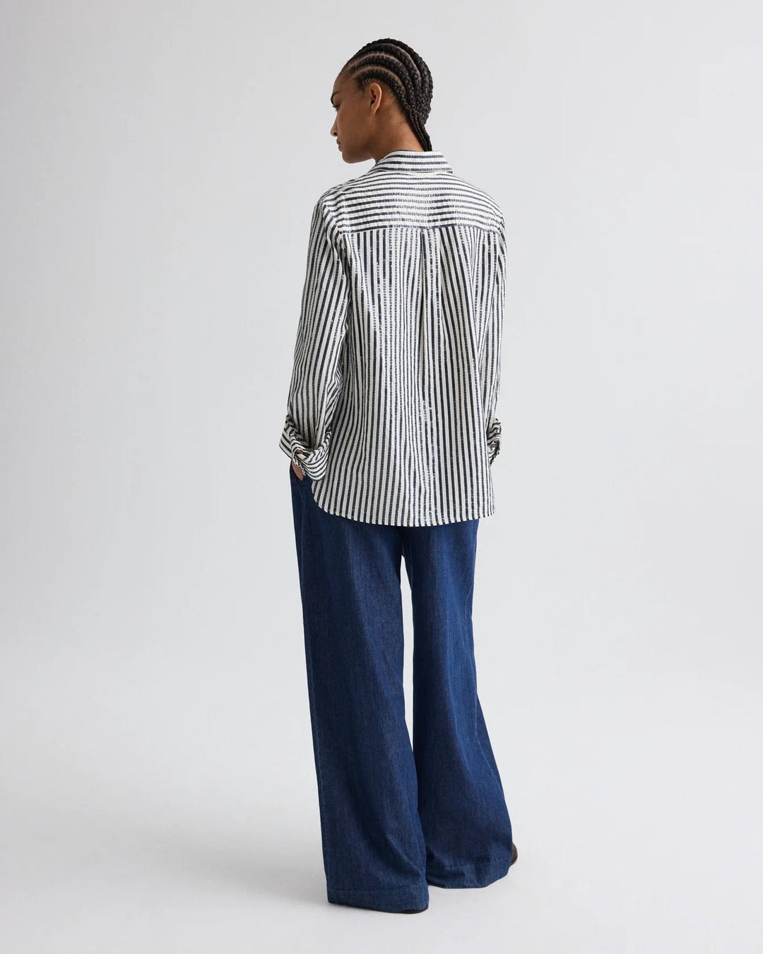 TWP - Indigo/White Next Morning Shirt w/ Clear Sequin Stripe - Kalifornia Jean Bar