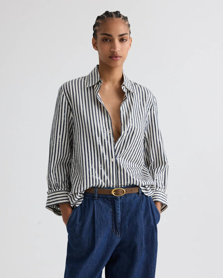 TWP - Indigo/White Next Morning Shirt w/ Clear Sequin Stripe - Kalifornia Jean Bar
