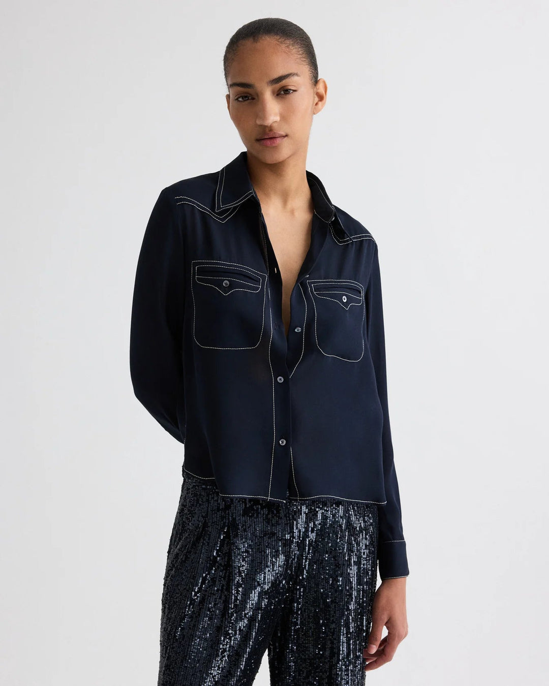TWP - Midnight Carter Topstitch Silk Shirt - Kalifornia Jean Bar