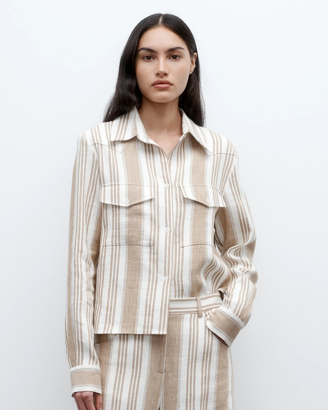 TWP - White/Khaki New Carter Top in Tosca Barre Linen - Kalifornia Jean Bar