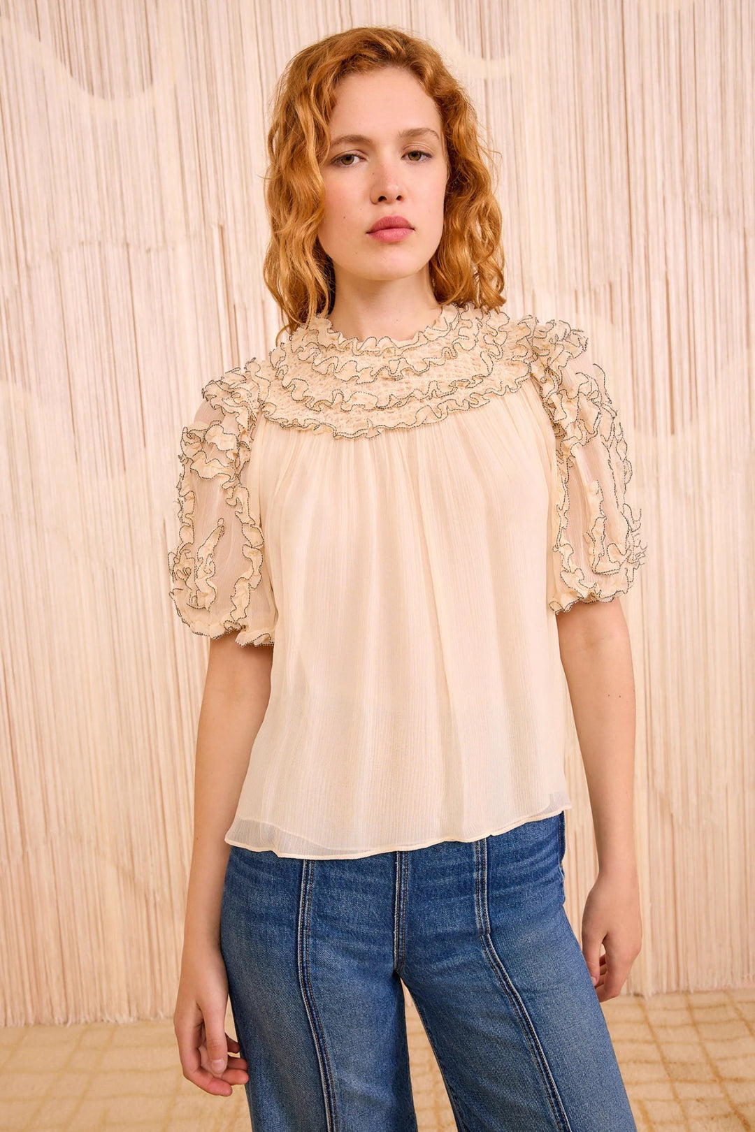 Ulla Johnson - Isolda Silk Smocked Blouse in Chantilly - Kalifornia Jean Bar