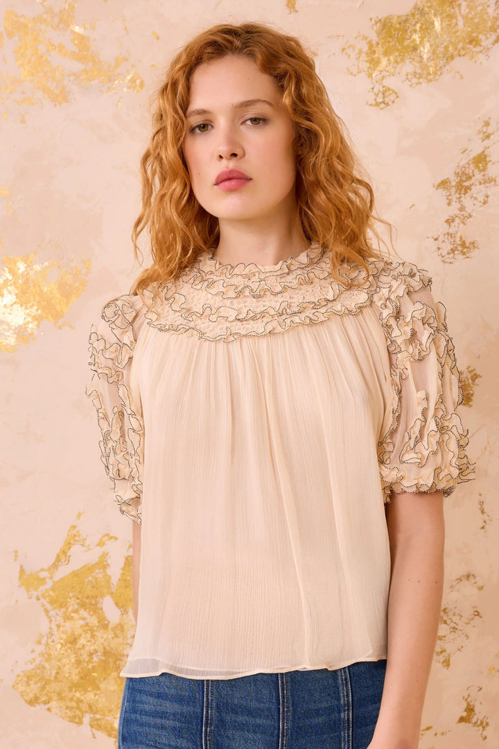 Ulla Johnson - Isolda Silk Smocked Blouse in Chantilly - Kalifornia Jean Bar