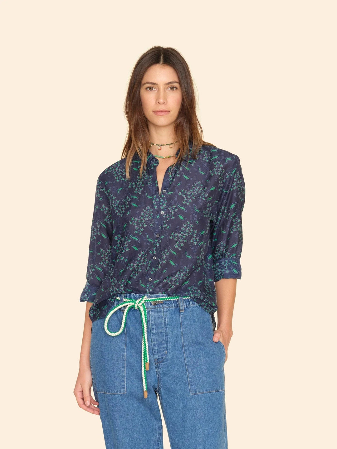 Xirena - Navy Green Beau Shirt - Kalifornia Jean Bar Xirena - Navy Green Beau Shirt Blouse