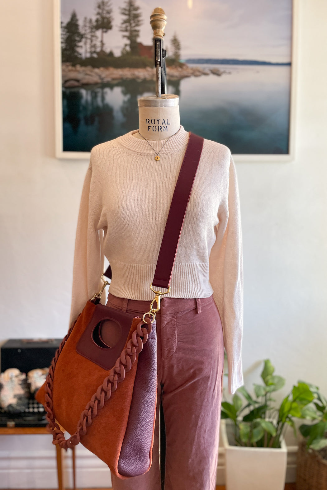 The Cass Clutch - Cassie Handbag in Montecito Sunset Rust Suede and Leather Detail with Chain Strap